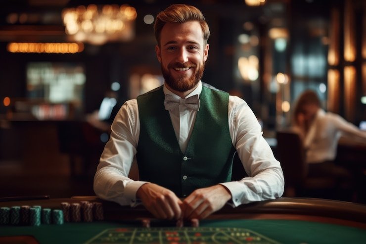 Layar permainan dealer langsung prg007 menampilkan meja blackjack dengan dealer profesional